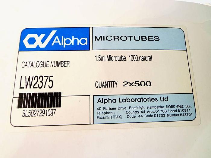 Used Alpha Laboratories 1.5ml Conical Bottom Graduated Natural Polypropylene Tube Microcentrifuge with Tough Flip-Cap and with Frosted Writing Area.