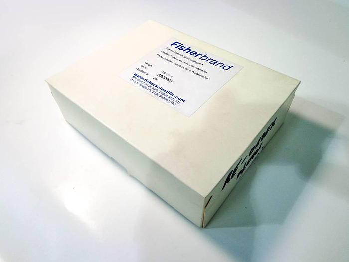Used Fisherbrand 150mm Pasteur Pipettes, Glass Pasteur Pipets with Open Point ref FB50251. Box 250 x 8off.