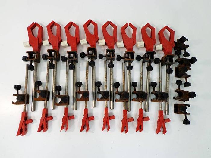 Used Injection Molded Nylon Single Adjustment Laboratory Clamps on Steel Rod with Steel Square Type Bosshead Clamps, 16 pcs.