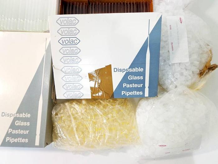 Used Assorted Disposable Glass Pipettes, Vial Closures and Sundries.
