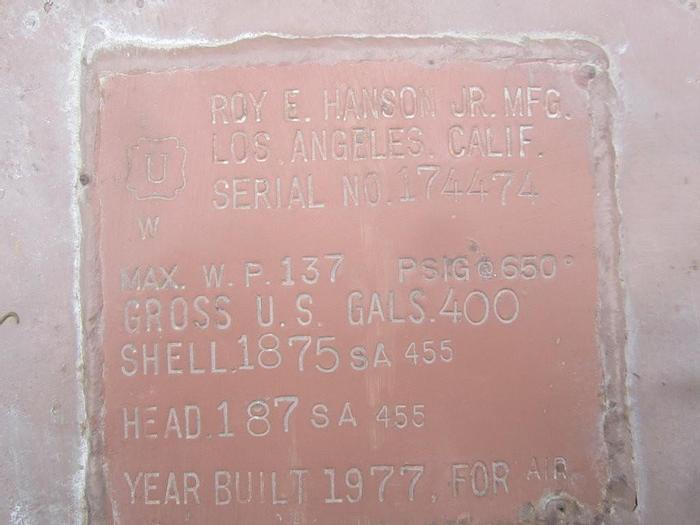 Used Tank, 400 gallon, C/st, Roy Hanson, Air Rec, 36" x 7'Tank, 400 gallon, C/st, Roy Hanson, Air Rec, 36" x 7' #S739961