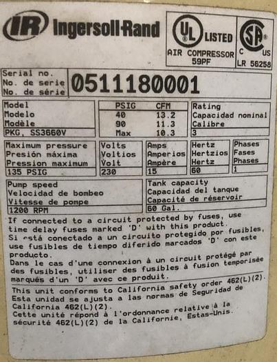 Used INGERSOLL RAND SS3660V, 3 HP, 60 GALLON AIR COMPRESSOR