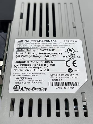 Used ALLEN-BRADLEY 22B-D4P0N104 Ser A