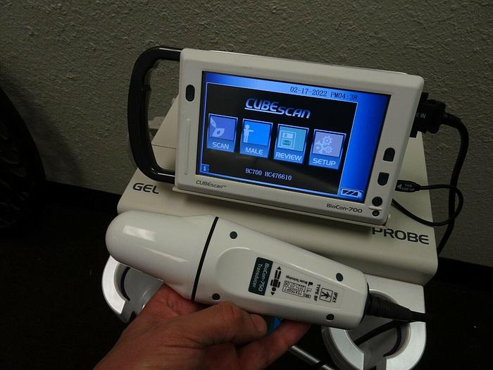 Used CubeScan Mcube BioCon-700 Bladder Scanner W/ Transducer, Cart & Power Supply