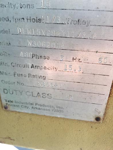 Used Yale 15 Ton Electric Chain Hoist w/ power trolley speed control DEW15X29RT11/3