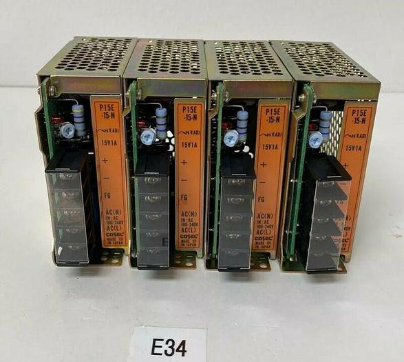 Used (Lot of 4) Cosel P15E-15-N (P15E-15) Power Supply Units, 100-240VAC, 15VDC, 1A
