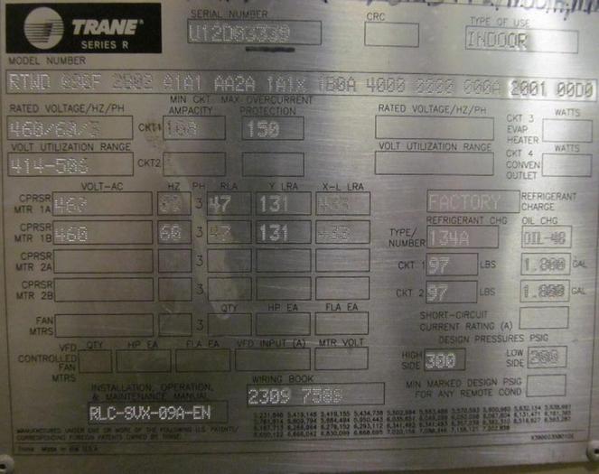 Used 90 TON TRANE INDOOR CHILLER – WATER COOLED (#9803)