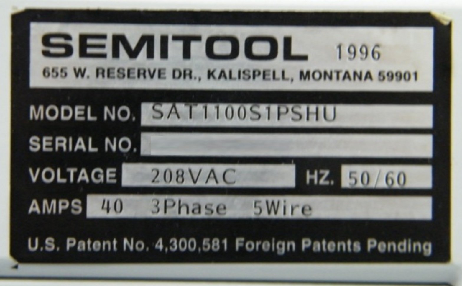 Used 1996 Semitool 1-Chamber Spray Acid Tool (SAT)