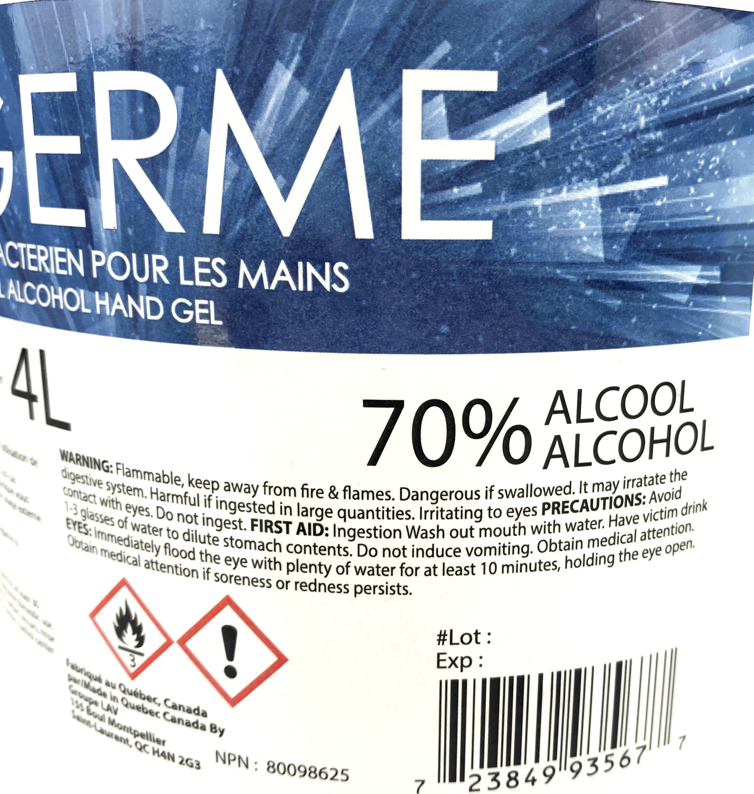 New Open Box Purgerme Antibacterial Hand Sanitizer Gel – 70% Alcohol (5 x 4L)