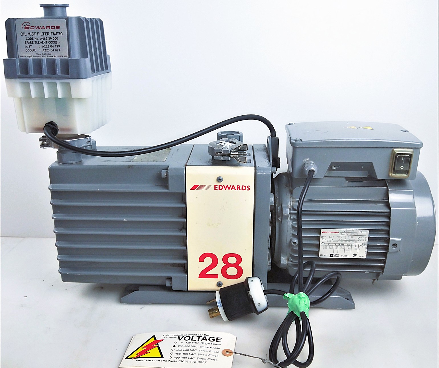 Used Edwards E2M28 Rotary Vacuum Pump with EMF20 Oil Mist Filter (21cfm)