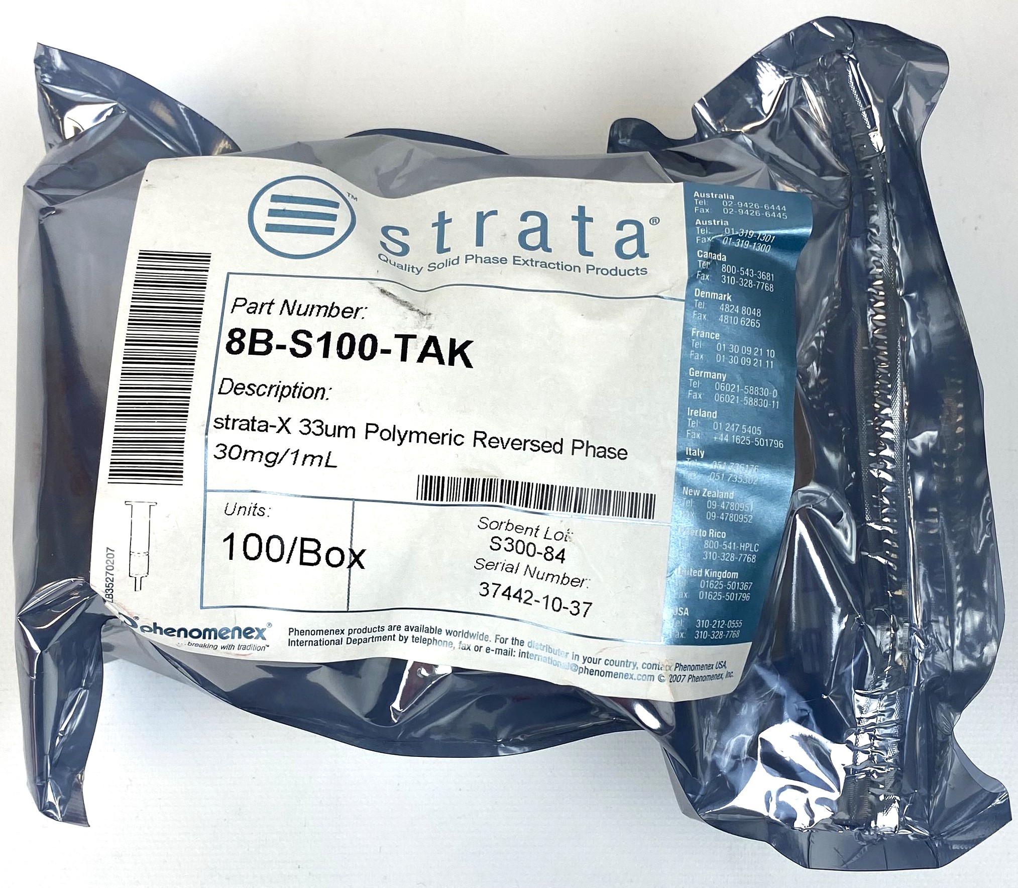 New Open Box Phenomenex Strata-X (8B-S100-TAK) 33µm Polymeric SPE Sorbent (100/Pack)