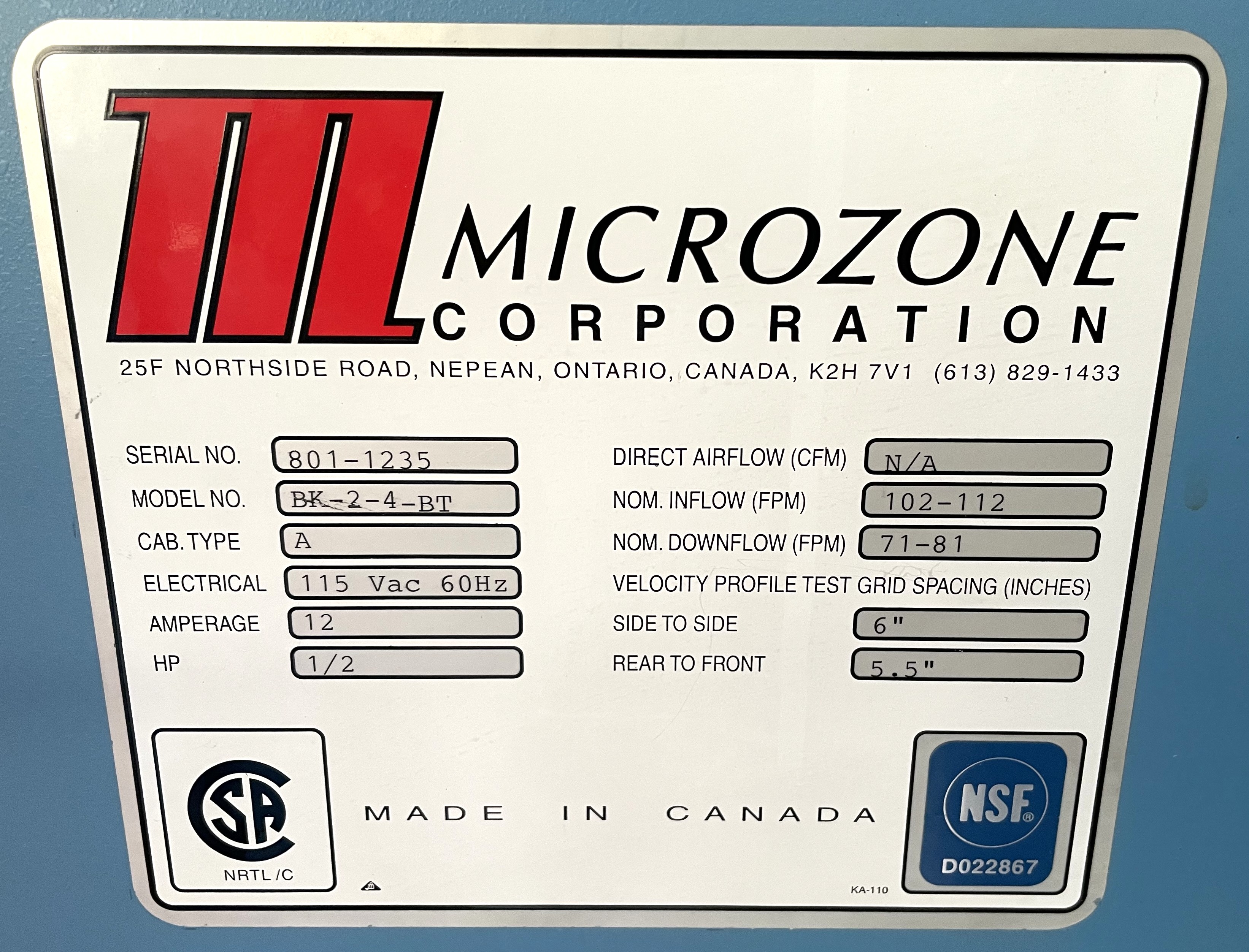 Used Microzone Bioklone 2 (BK-2-4-BT) Class II Type A 4-Ft Biosafety Cabinet