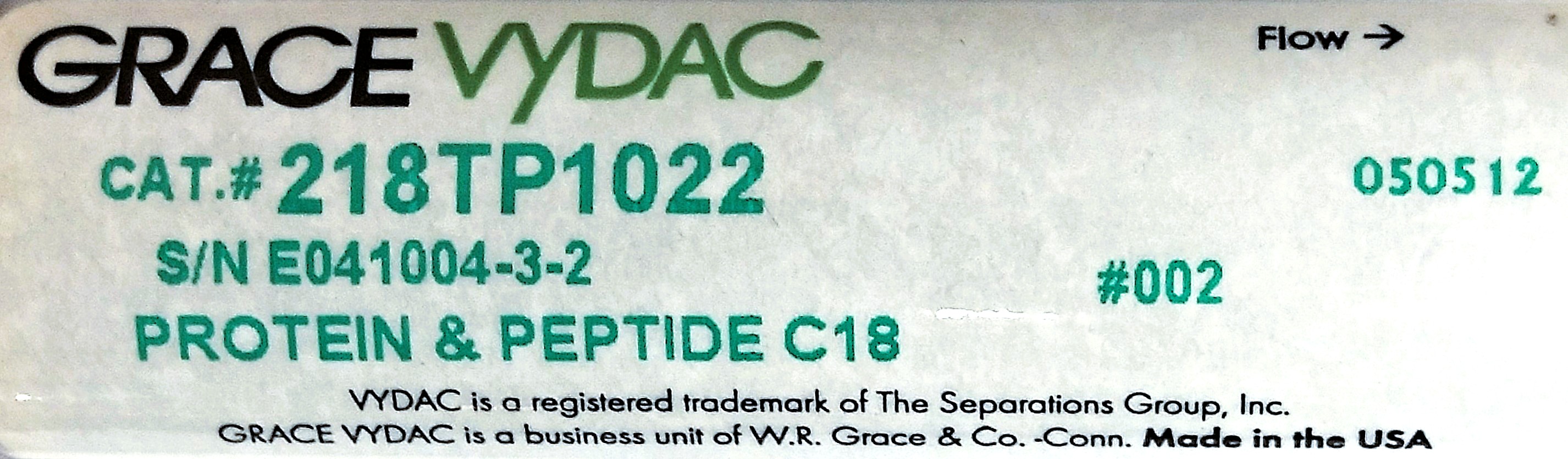 Used Vydac 218TP1022 C18 Preparative LC Column (25 cm × 22 mm x 10µm)