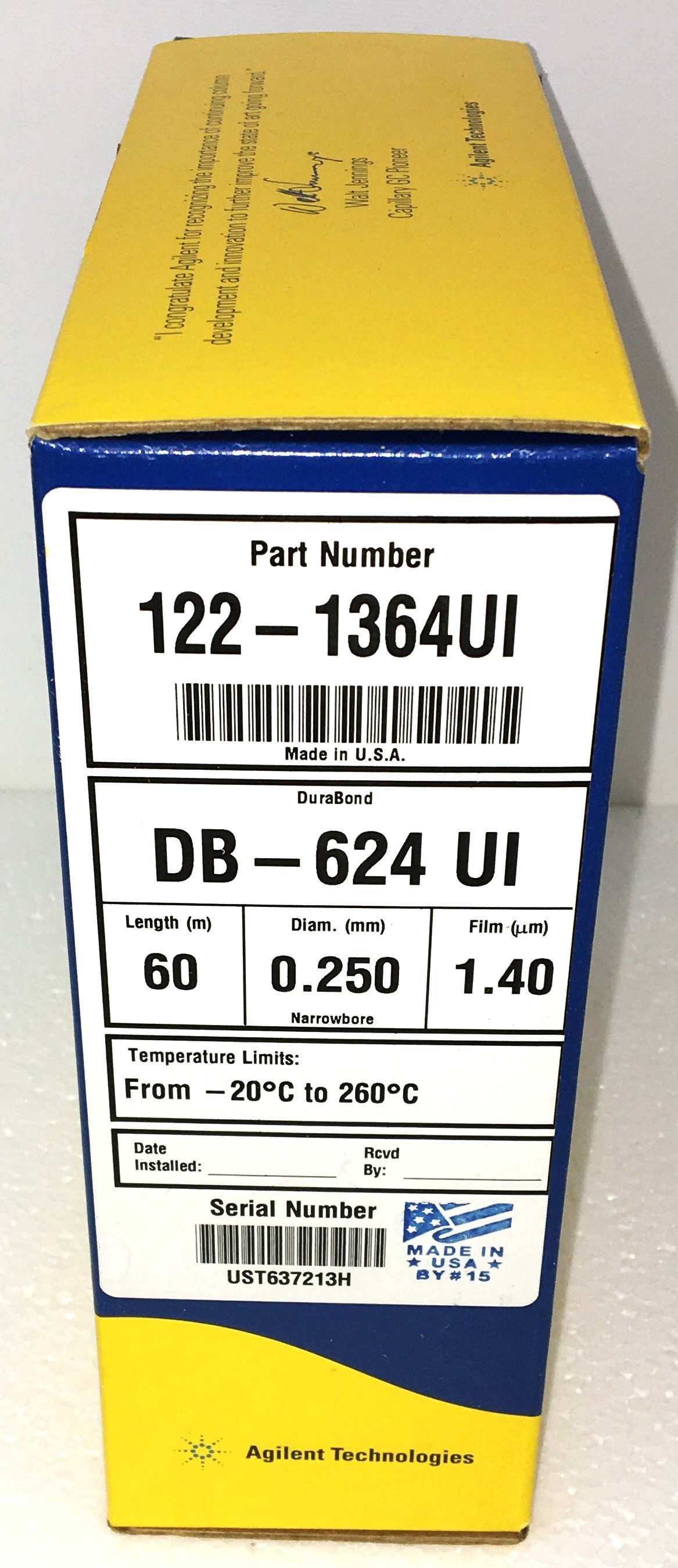 New Open Box Agilent DB-624 (123-1362UI) Capillary Column (60M × 0.25mm x 1.40µm)