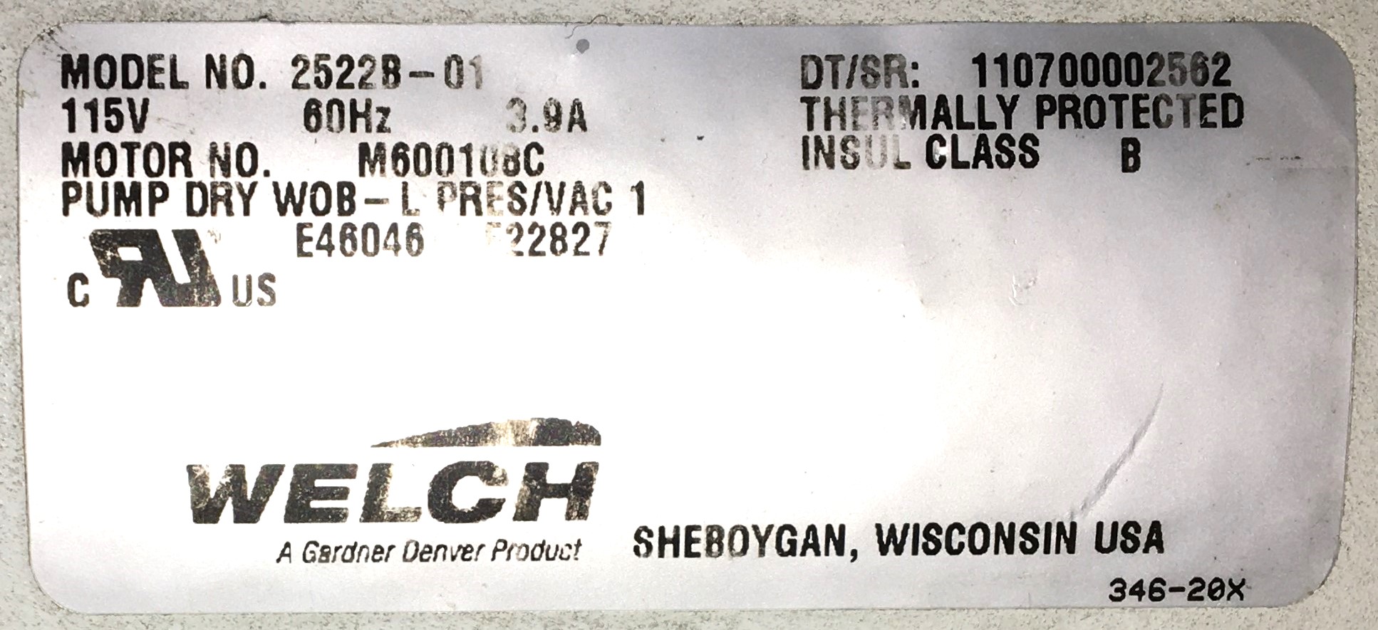 Used Welch 2522B-01 Oil-Free Piston Vacuum Pump - 25.6"Hg