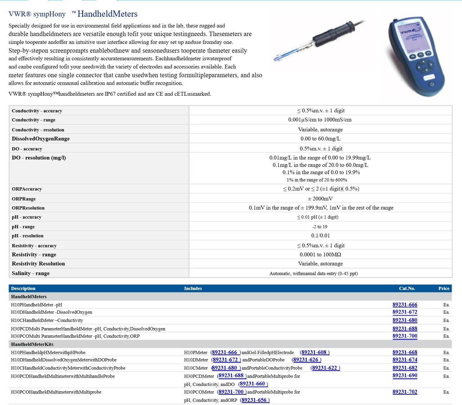 Used VWR SympHony H10P Portable pH Meter with Electrode