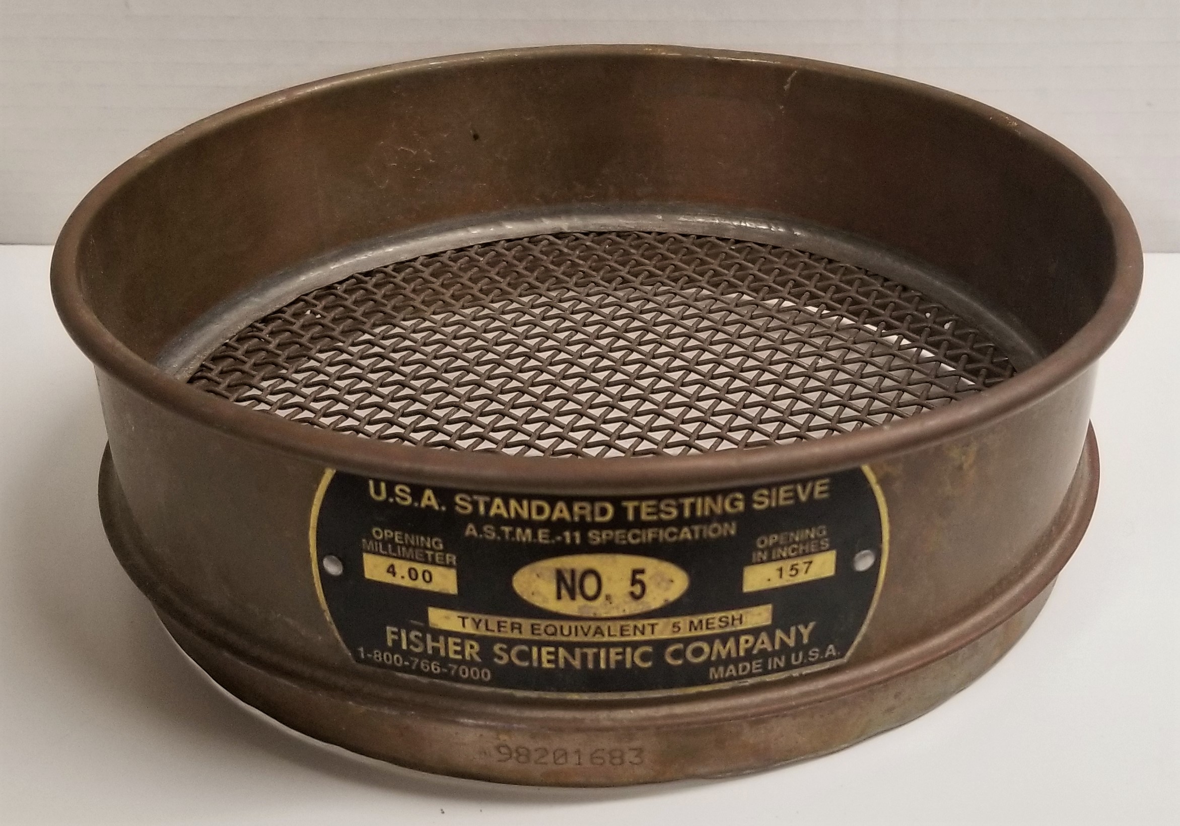 Used Fisher #5 Brass-Stainless Steel 8" Sieve - 4mm
