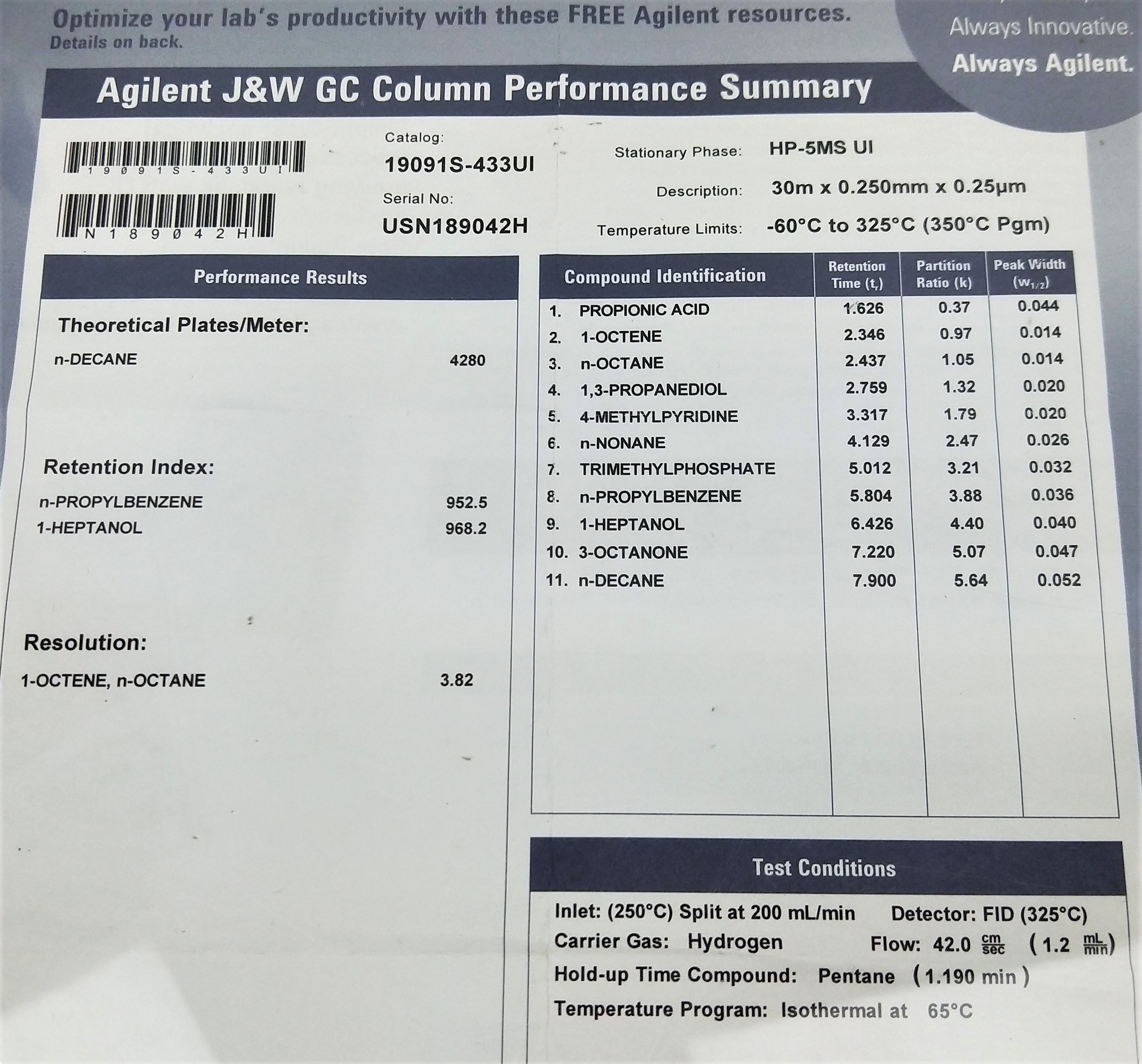 Used Agilent HP-5MS UI (19091S-433UI) Capillary Column (30M x 0.25mm x 0.25µm)