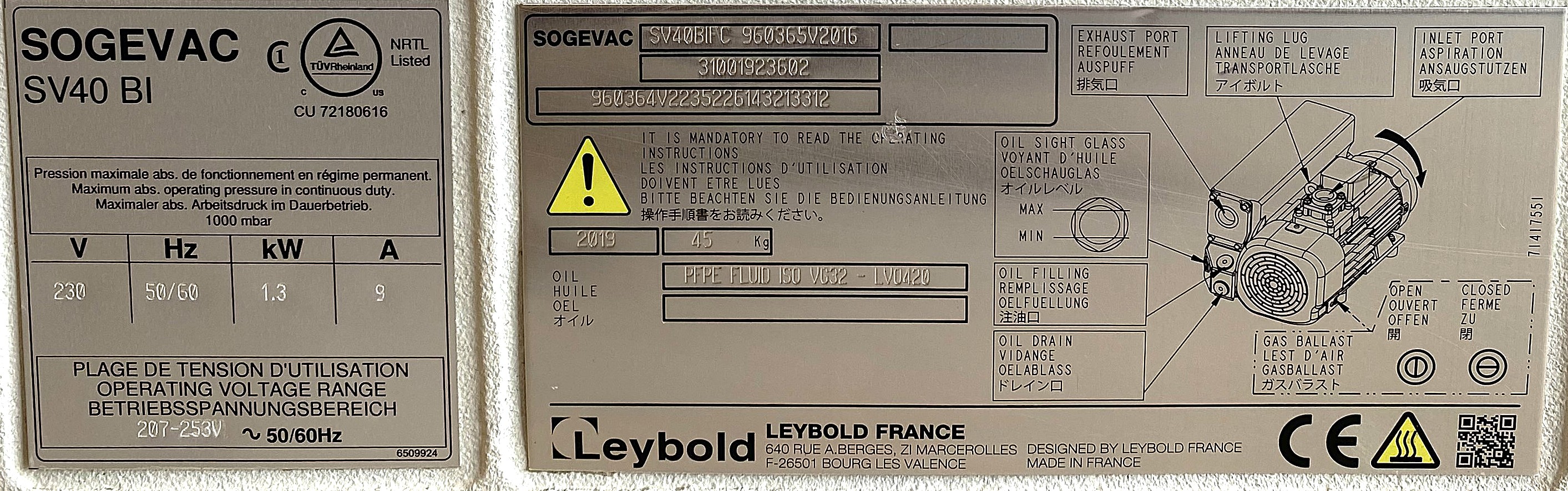 Used Leybold Sogevac SV40 BIFC Rotary Vacuum Pump (22.7-27.7 cfm)