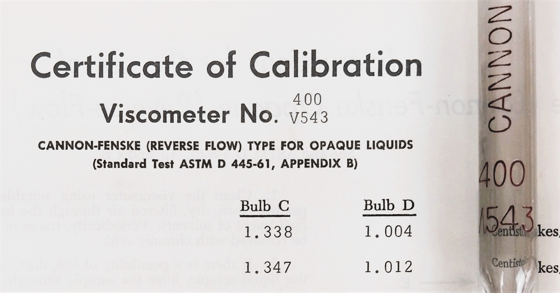 Used Cannon-Fenske CFOC-400 (9721-F74) Certified Opaque Viscometer Tube (Size 400)