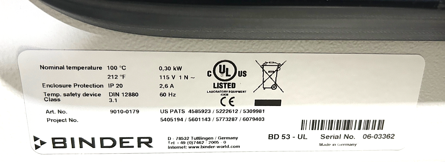 Used Binder BD53-UL Gravity-Convection Incubator (1.9 Cu-Ft)