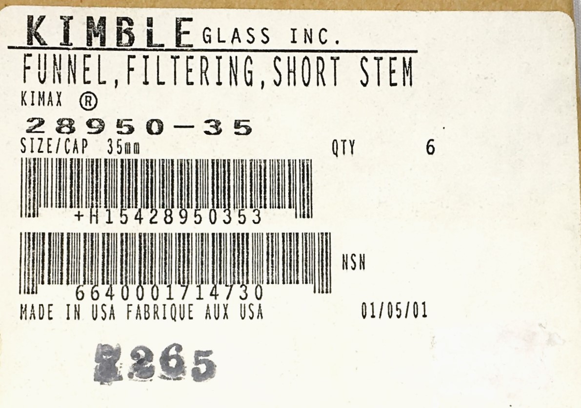 New Open Box Kimble 28950-35 KIMAX Short Stem Analytical Funnel (Pack of 4)