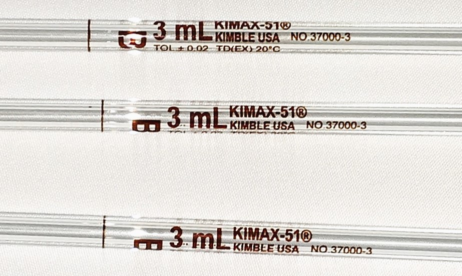 Used Kimble 37000-3 KIMAX Class B 3mL Volumetric Pipet