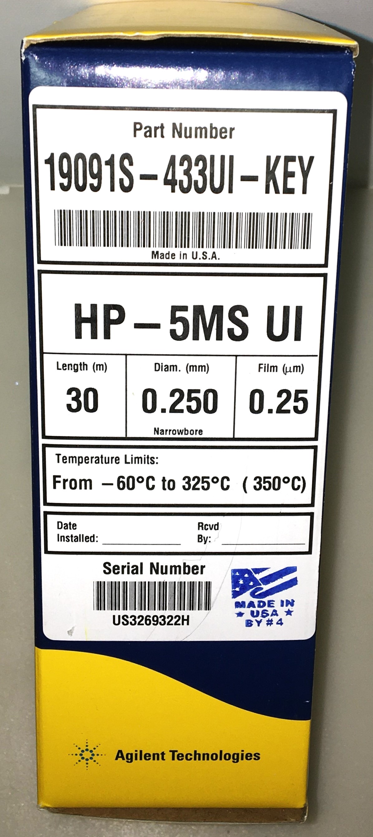 New Agilent HP-5MS UI (19091S-433UI-KEY) Capillary Column with Smart Key (30M x 0.25mm x 0.25µm)