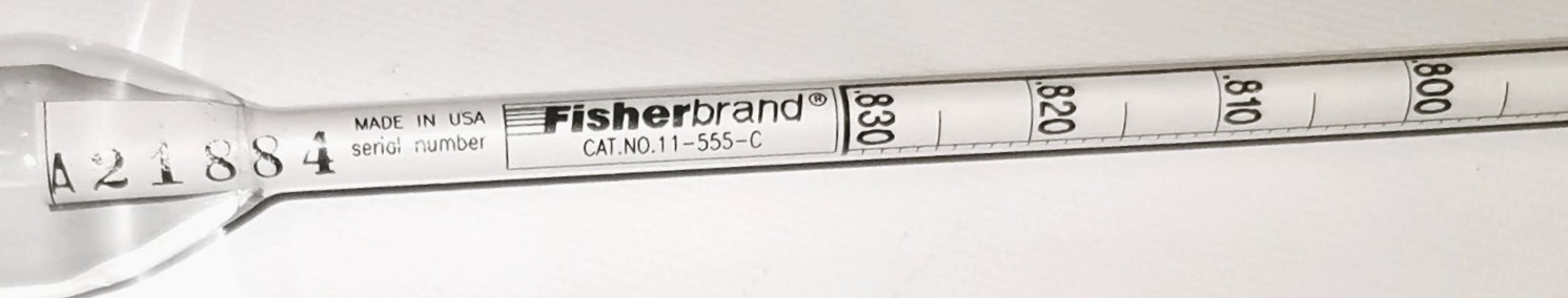 New Open Box Fisherbrand 11-555-C Specific Gravity Hydrometer (0.760 to 0.830°)