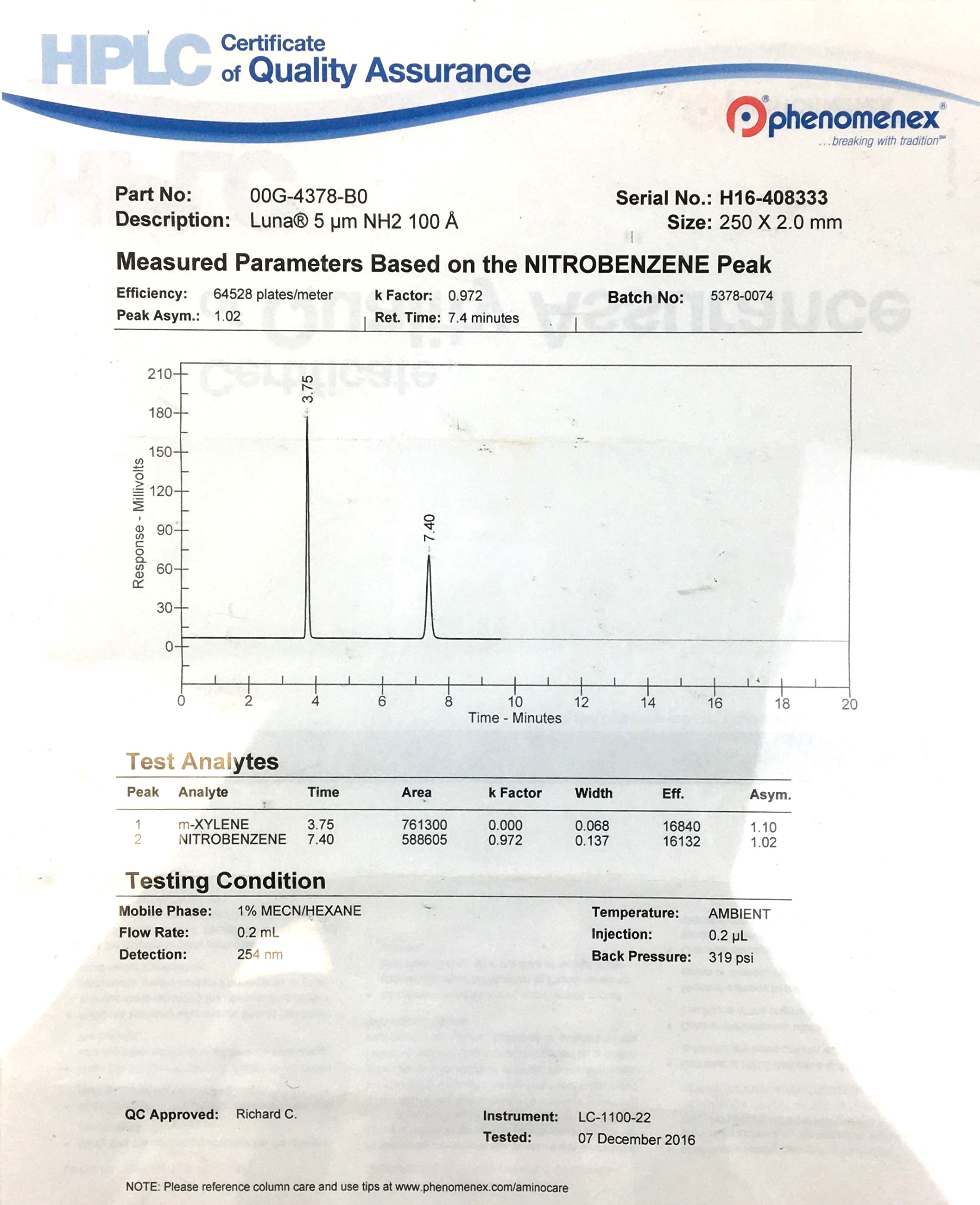 New Open Box Phenomenex Luna NH2 (00G-4378-B0) LC Column (25 cm × 2 mm x 5µm)