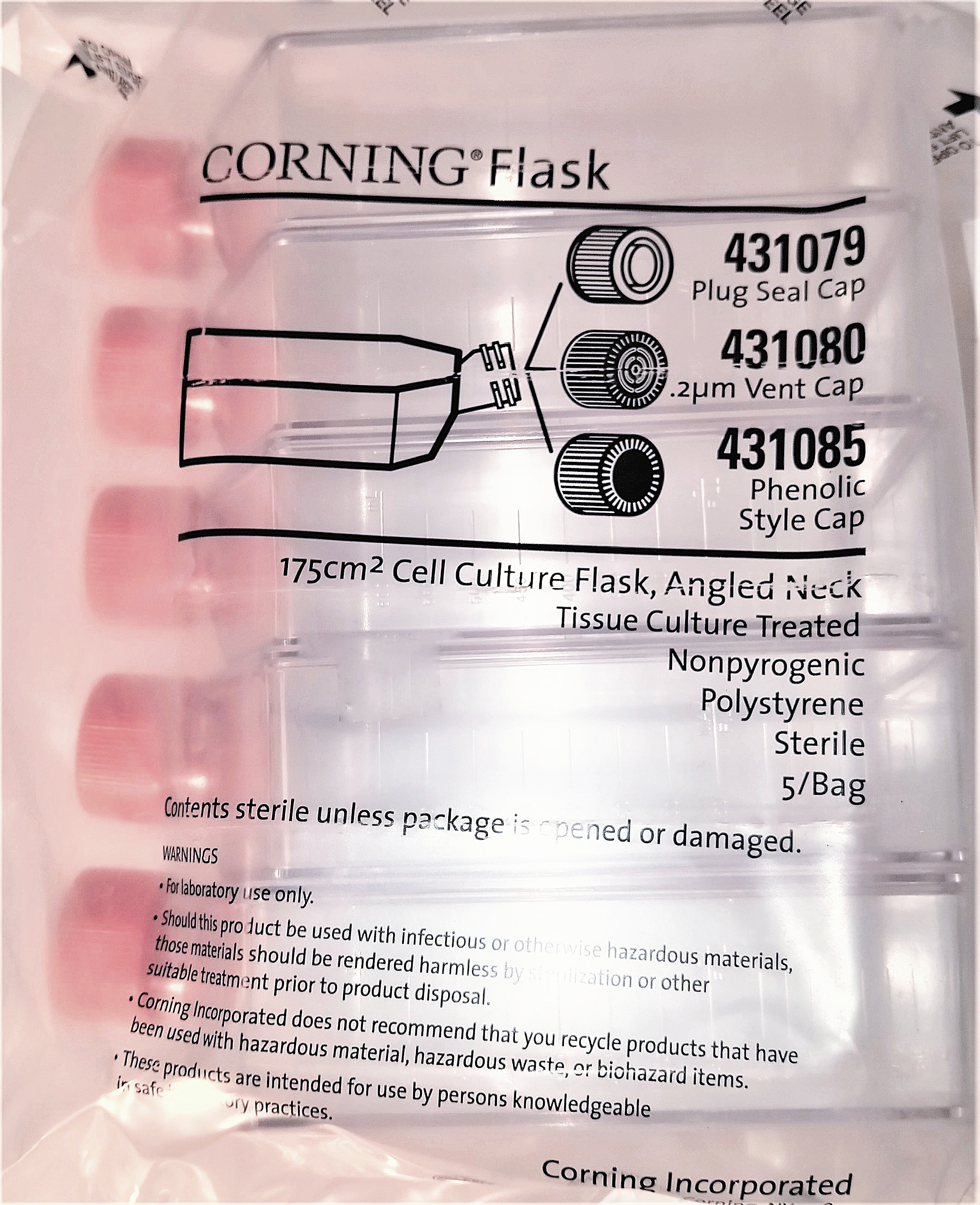New Corning 431080 Cell Culture Flask with Canted Neck & Vented Cap - 175 cm² (Pack of 5)