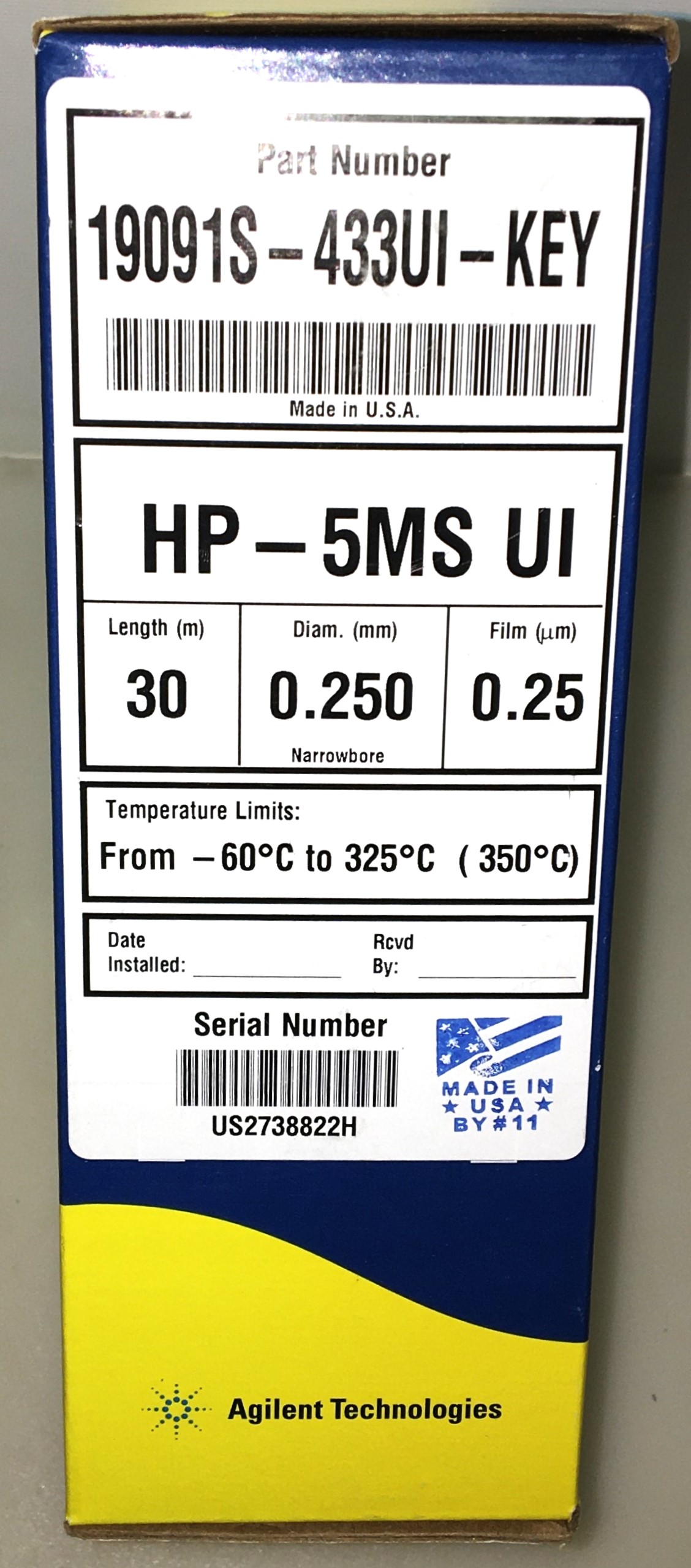New Agilent HP-5MS UI (19091S-433UI-KEY) Capillary Column with Smart Key (30M x 0.25mm x 0.25µm)