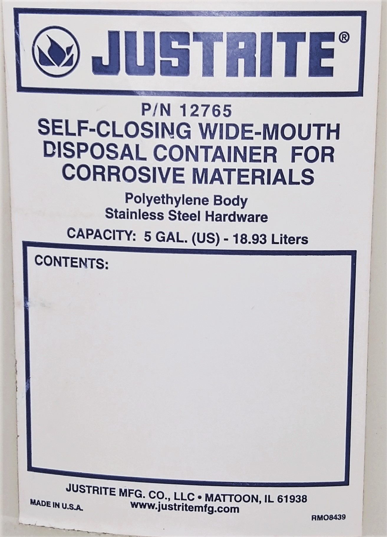 Used Justrite 12765 Self-Closing Wide Mouth Safety Container - 19L (5 Gallon)