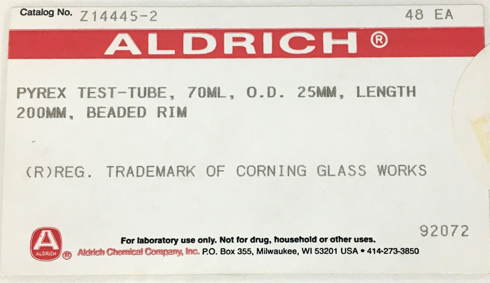 New Open Box Corning PYREX Vista 70800-25X Test Tube - 25 x 100mm (Box of 46)