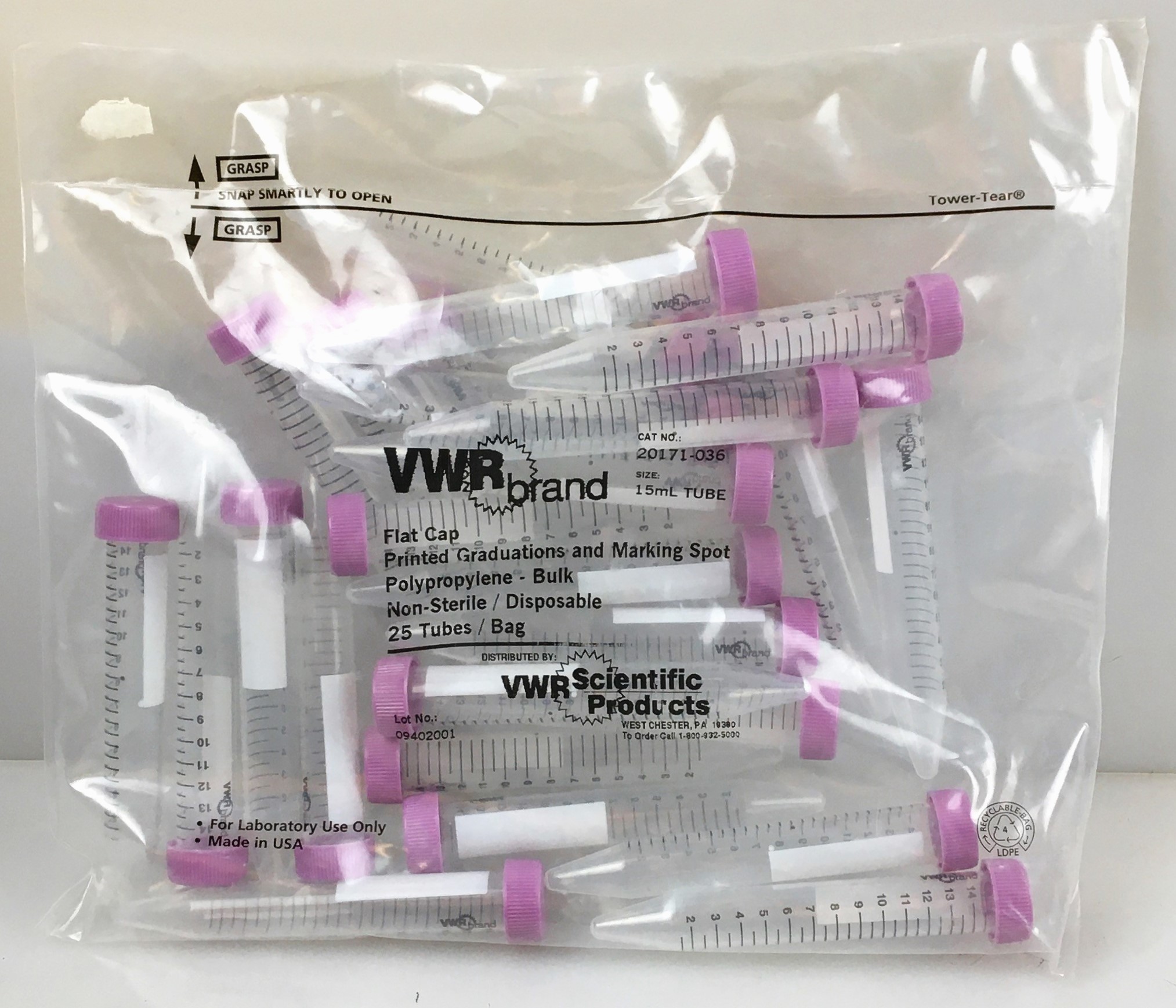 New Open Box VWR 20171-036 Conical Falcon Centrifuge Tubes - 15mL (Pack of 25)