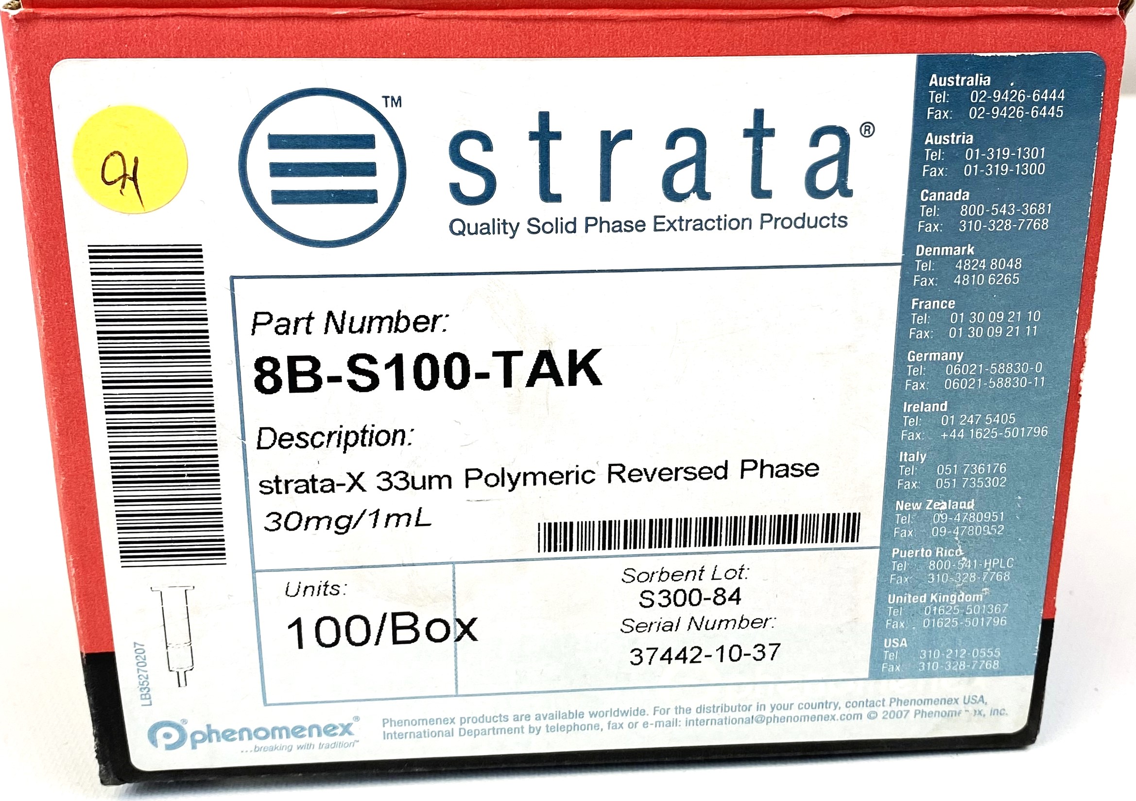 New Open Box Phenomenex Strata-X (8B-S100-TAK) 33µm Polymeric SPE Sorbent (100/Pack)