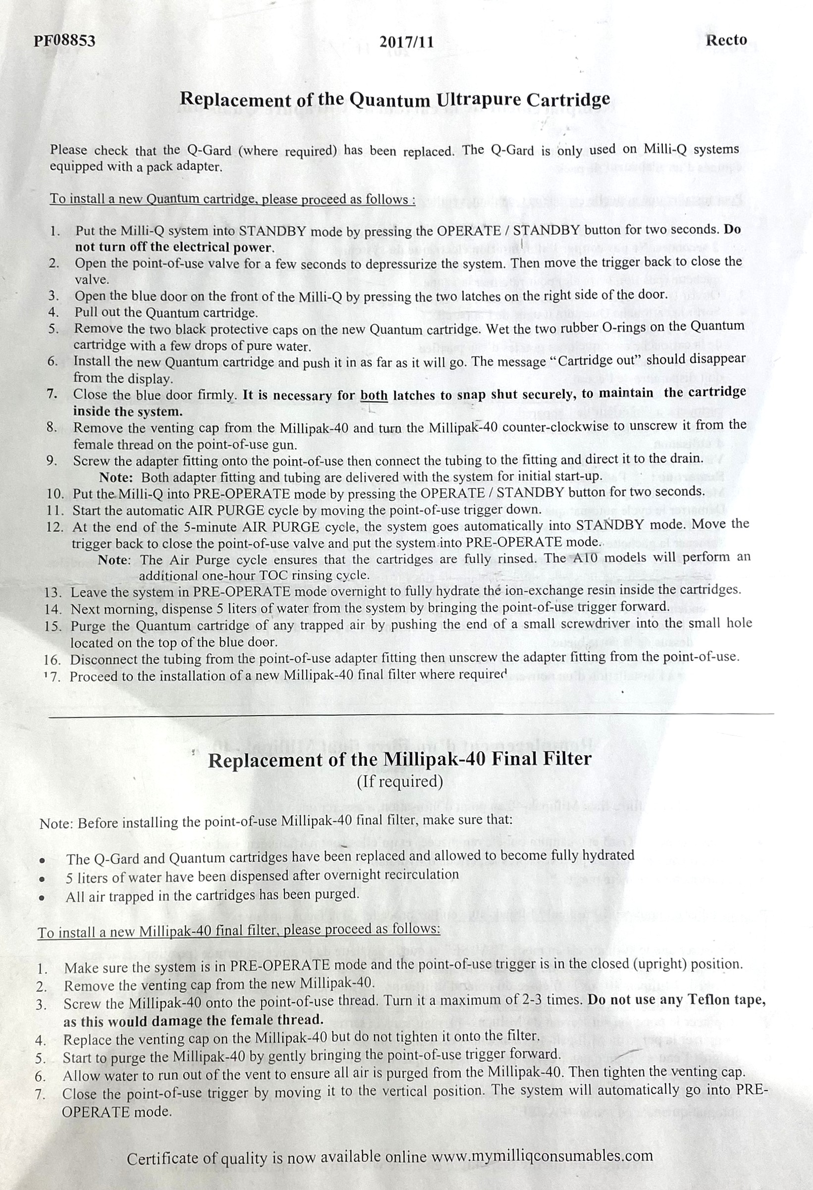 Used Millipore Milli-Q Gradient A10 Water Purifier with Q-Pod Dispenser and Footswitch