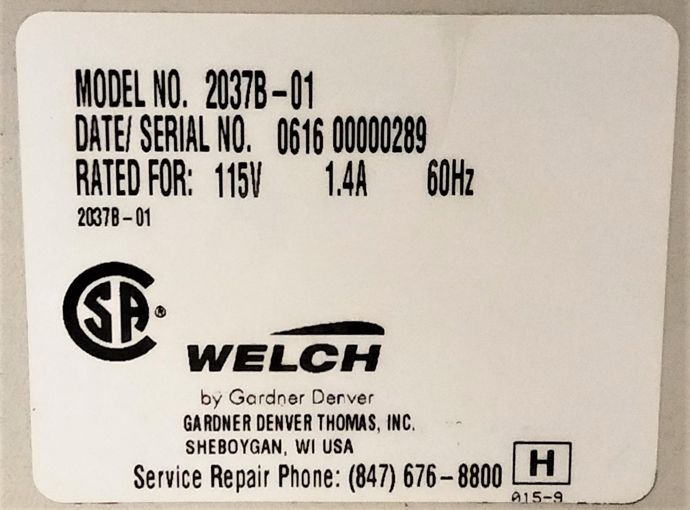 Used Welch DryFast 2037B-01 Diaphragm Vacuum Pump