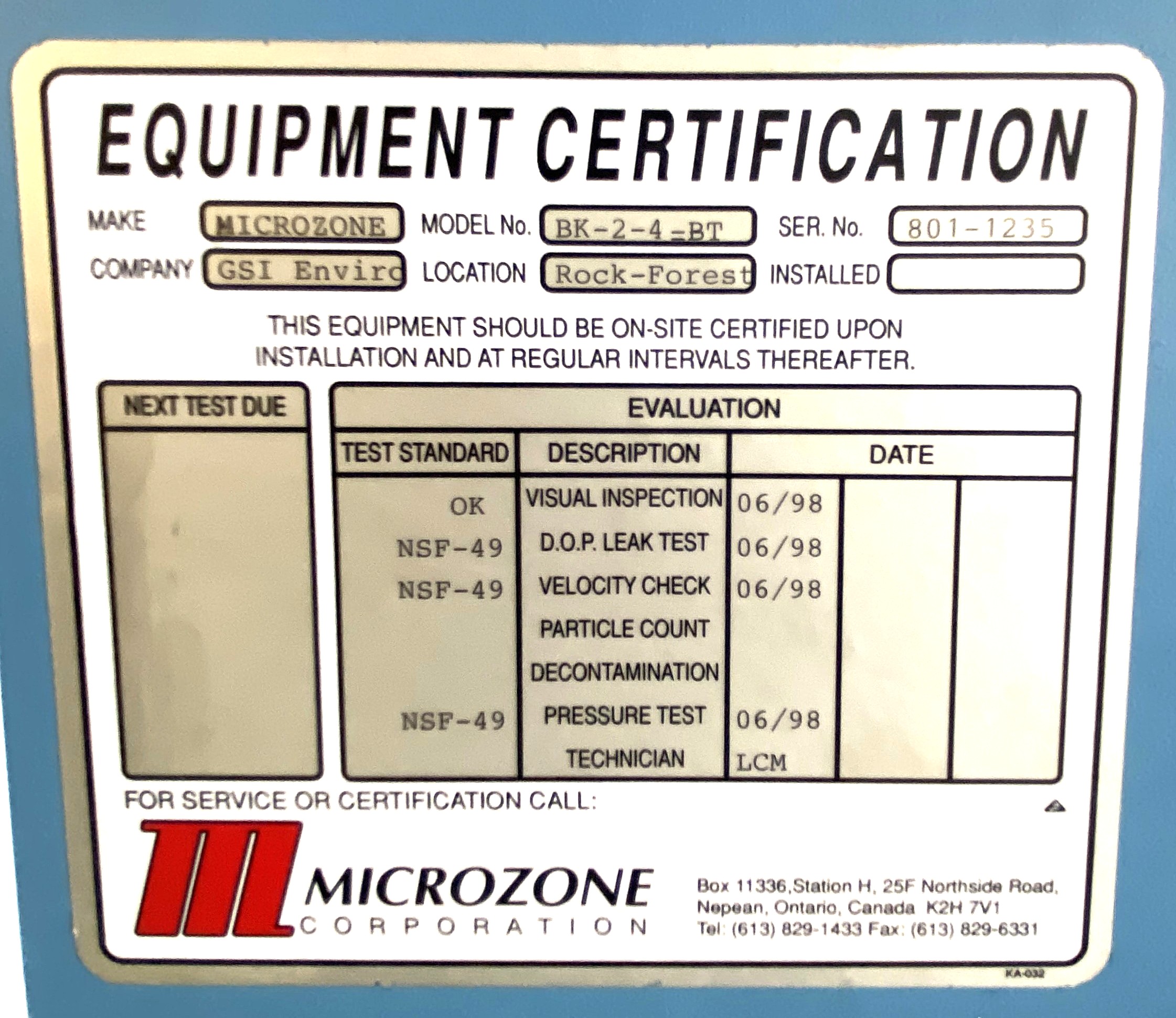 Used Microzone Bioklone 2 (BK-2-4-BT) Class II Type A 4-Ft Biosafety Cabinet