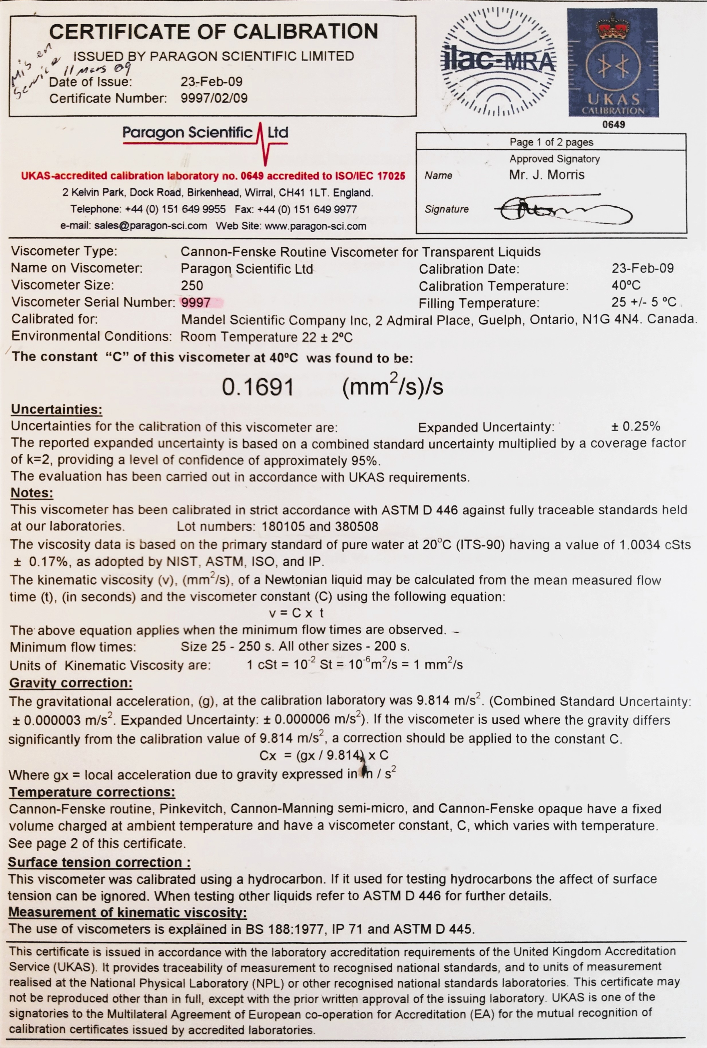 New Open Box Cannon-Fenske CFRC-250 Certified Routine Viscometer Tube (Size 250)