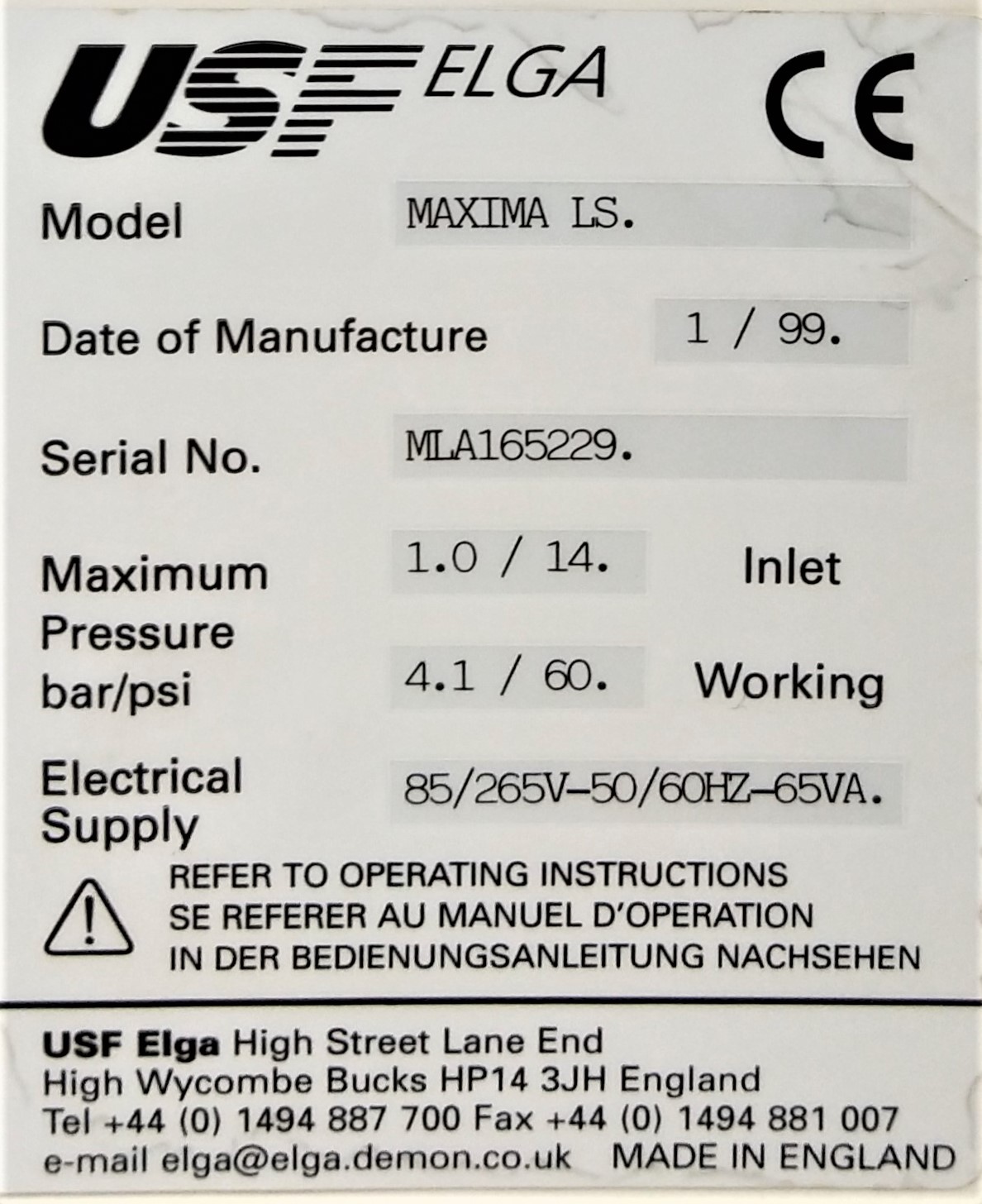 Used US Filter Elga Maxima LS Ultra-Pure Water Purifier with Tank