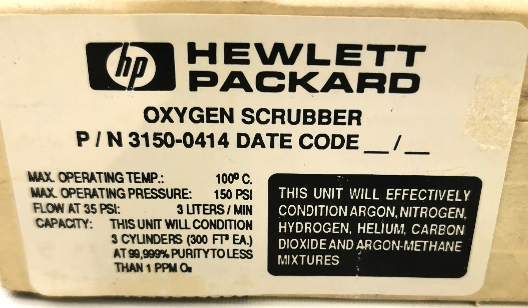 New Open Box Hewlett Packard 3150-0414 Oxygen Scrubber