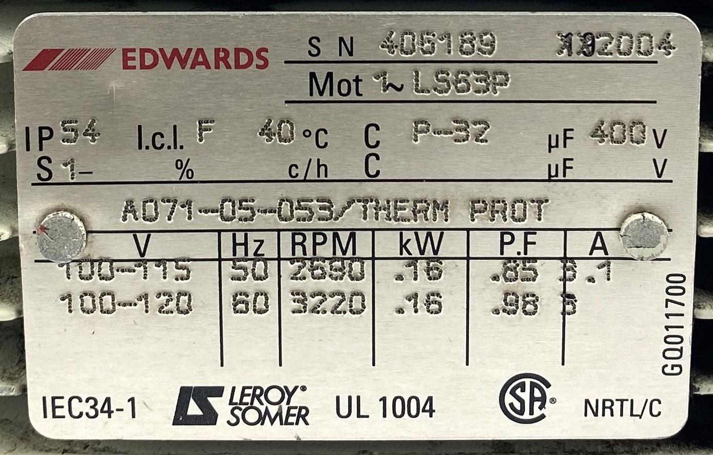 Used Edwards E2M1.5 (Agilent G1099-80023) Rotary Vacuum Pump (1.2cfm)