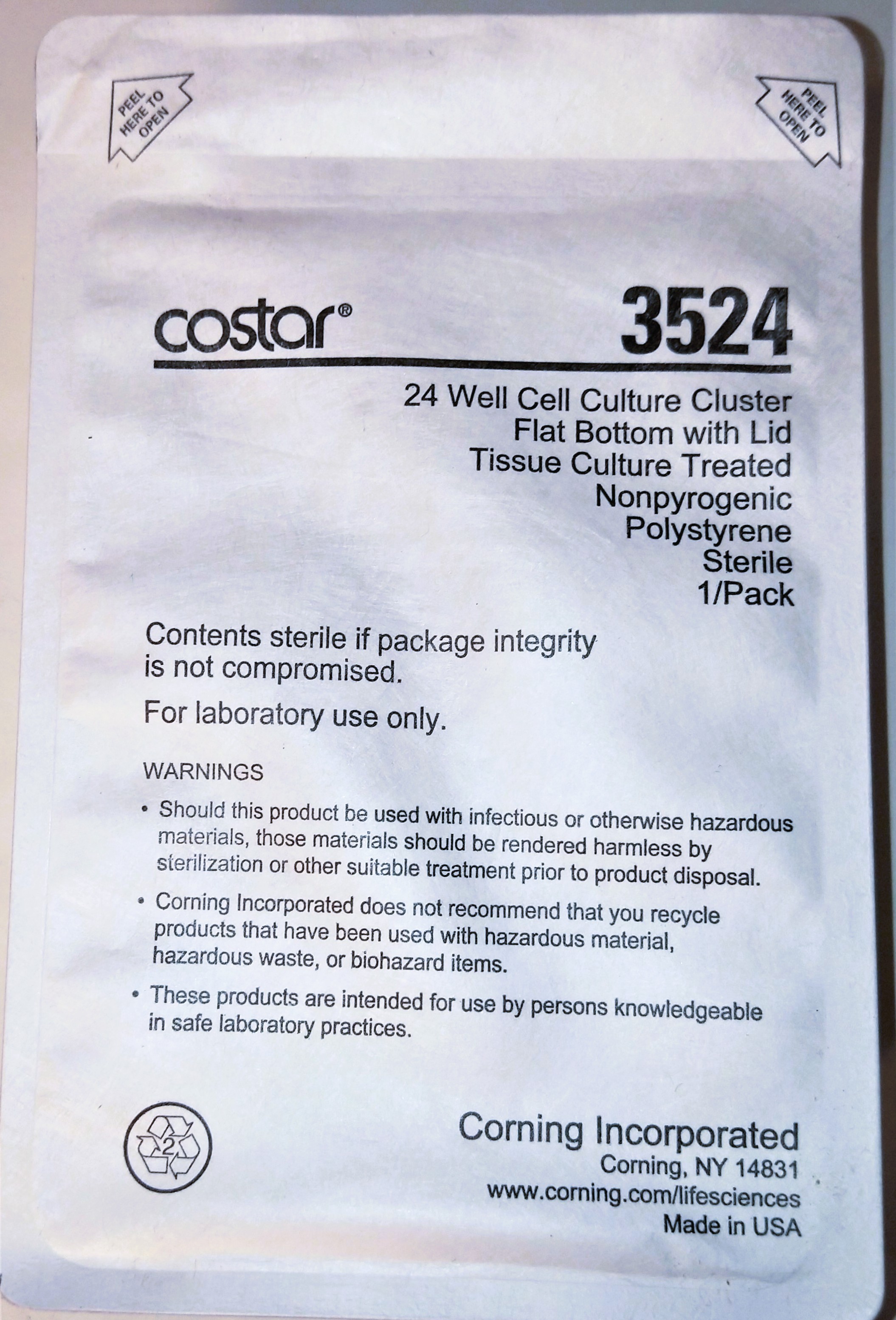New Open Box Corning Costar 3524 Flat-Bottom Cell Culture Microplate Trays with Lid (Box of 55)