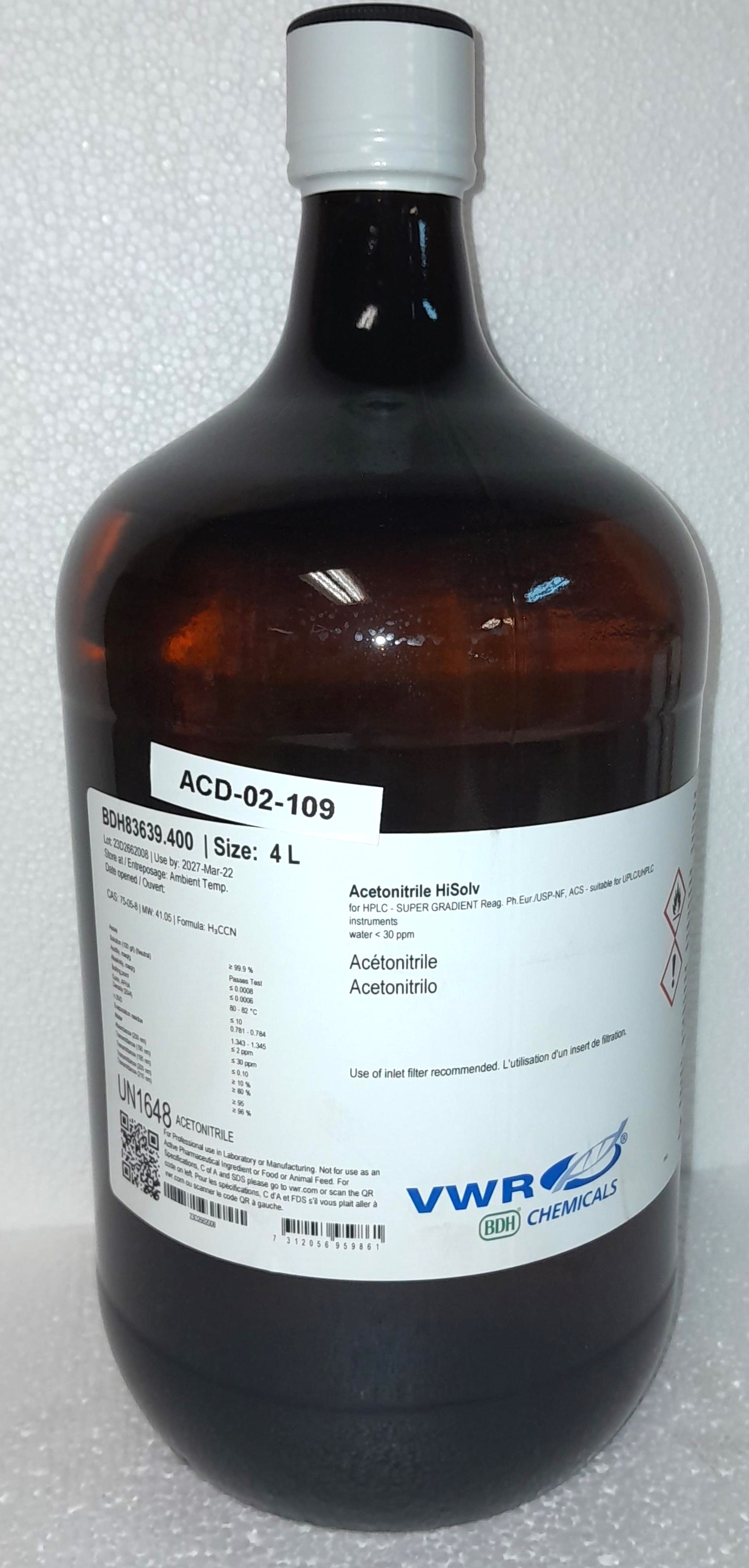 New VWR BDH83639.400 Acetonitrile HiSolv - ≥99.5% ACS (4L)