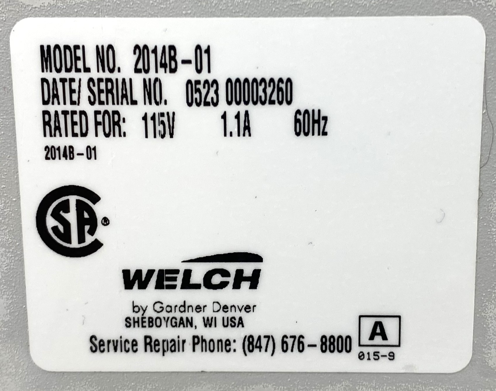 Used Welch DryFast 2014B-01 Diaphragm Vacuum Pump
