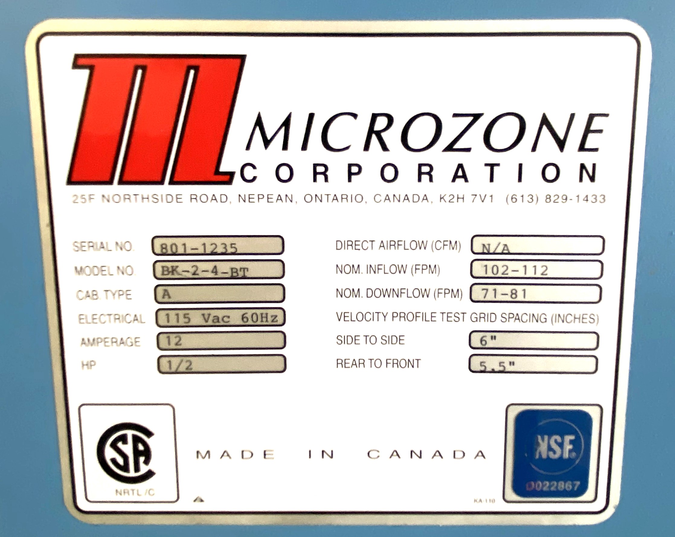 Used Microzone Bioklone 2 (BK-2-4-BT) Class II Type A 4-Ft Biosafety Cabinet