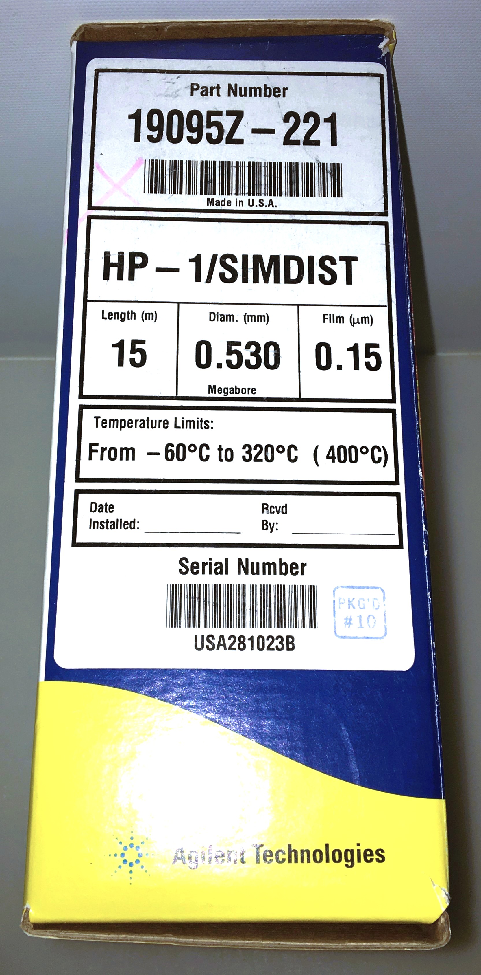 New Open Box Agilent HP-1/SIMDIST (19015Z-221) Capillary Column (15M x 0.53mm x 0.15µm)