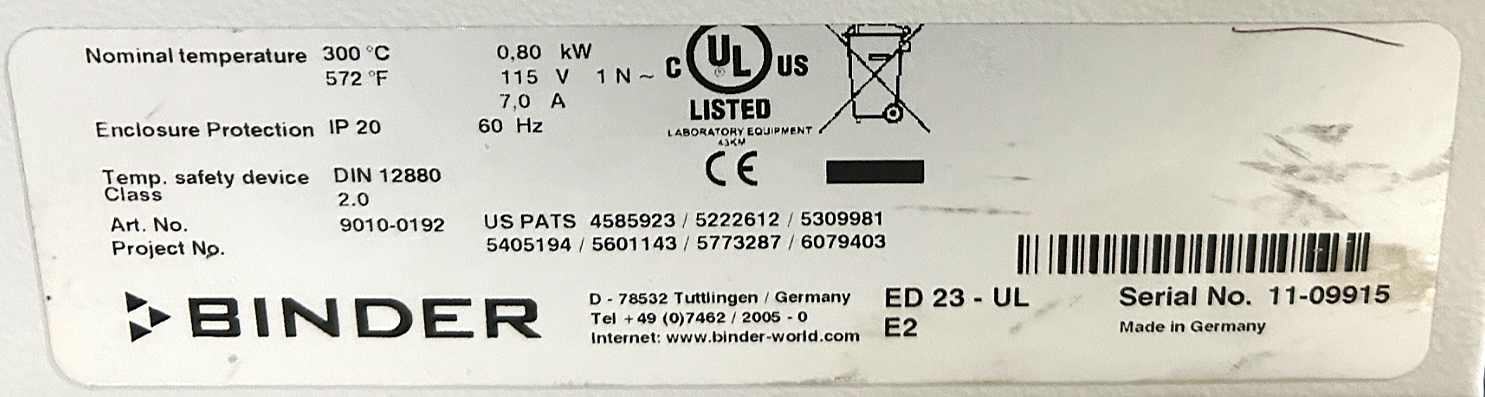 Used Binder ED23-UL Gravity-Convection Oven ( Cu-Ft)