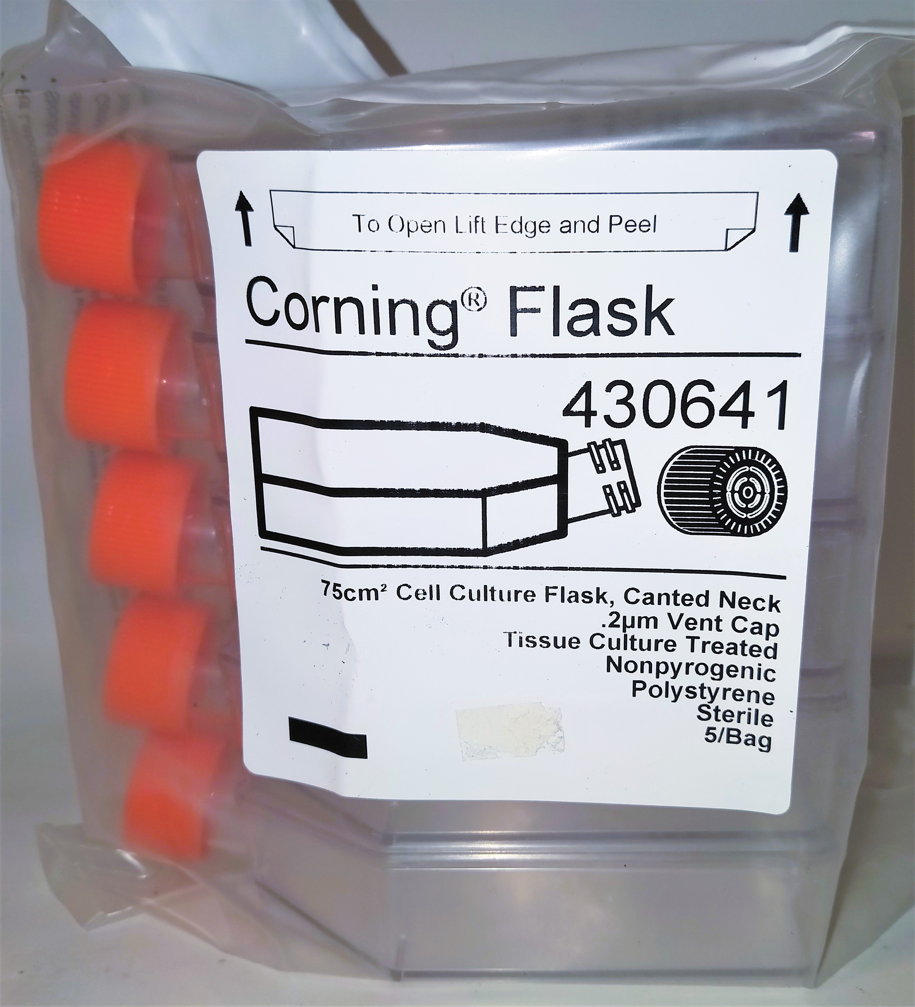 New Corning 430641 Cell Culture Flask with Canted Neck & Vented Cap - 75 cm² (Pack of 5)